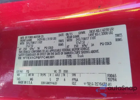 2015 Ford F-150 Xlt z USA, uszkodzony, nr VIN 1FTEX1CP8FFC46381